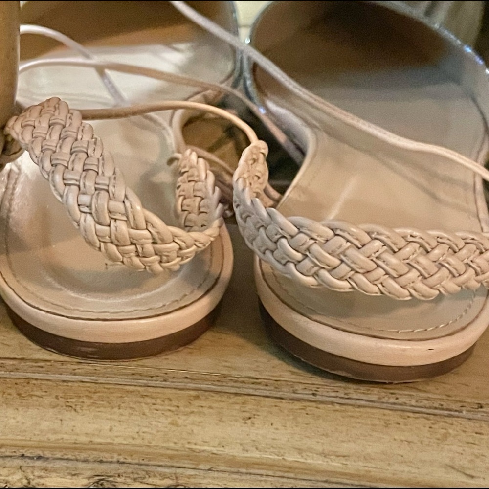 “J. CREW”, Women, Sz 7.5, Silver Sparkle Glitter w/Beige Ankle Tie-Up Flat Shoes - Picture 4 of 9
